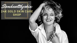Smiling woman beside a SamHealthySkin 24K Gold Skin Care Shop graphic promoting the Premier Skincare Set