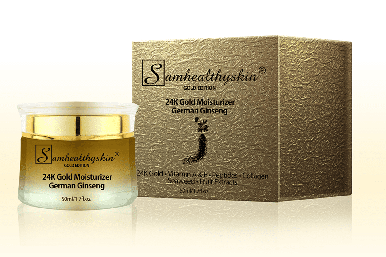 Jar and gold box of SamHealthySkin 24K Gold German Ginseng Moisturizer