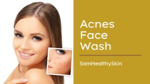 SamHealthySkin acne face wash promotional graphic featuring clear-looking skin with an inset showing facial blemishes