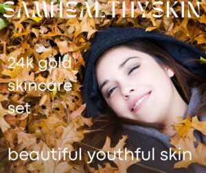 SamHealthySkin 24K Gold Skincare Set promotional graphic featuring a smiling woman lying among autumn leaves.