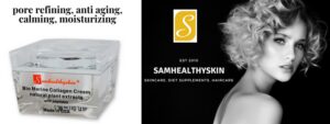 SamHealthySkin Bio Marine Collagen Moisturizer 50 mL with peptides beside a woman with smooth-looking skin