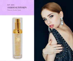 SamHealthySkin Ultra Pure 24K Gold Serum bottle beside a woman with radiant-looking skin