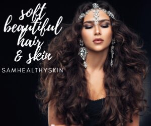 Woman with long, voluminous wavy hair representing the SamHealthySkin Gold Pineapple shampoo and conditioner set