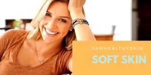 Smiling woman with soft, radiant-looking skin promoting the SamHealthySkin Luxury 24K Gold Skincare Set