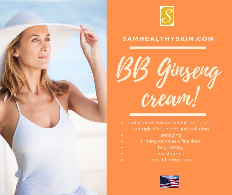 SamHealthySkin BB Ginseng Cream promotional graphic featuring a woman wearing a sun hat