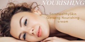 SamHealthySkin Ginseng Nourishing Night Cream promotional graphic featuring a woman resting with smooth, radiant-looking skin
