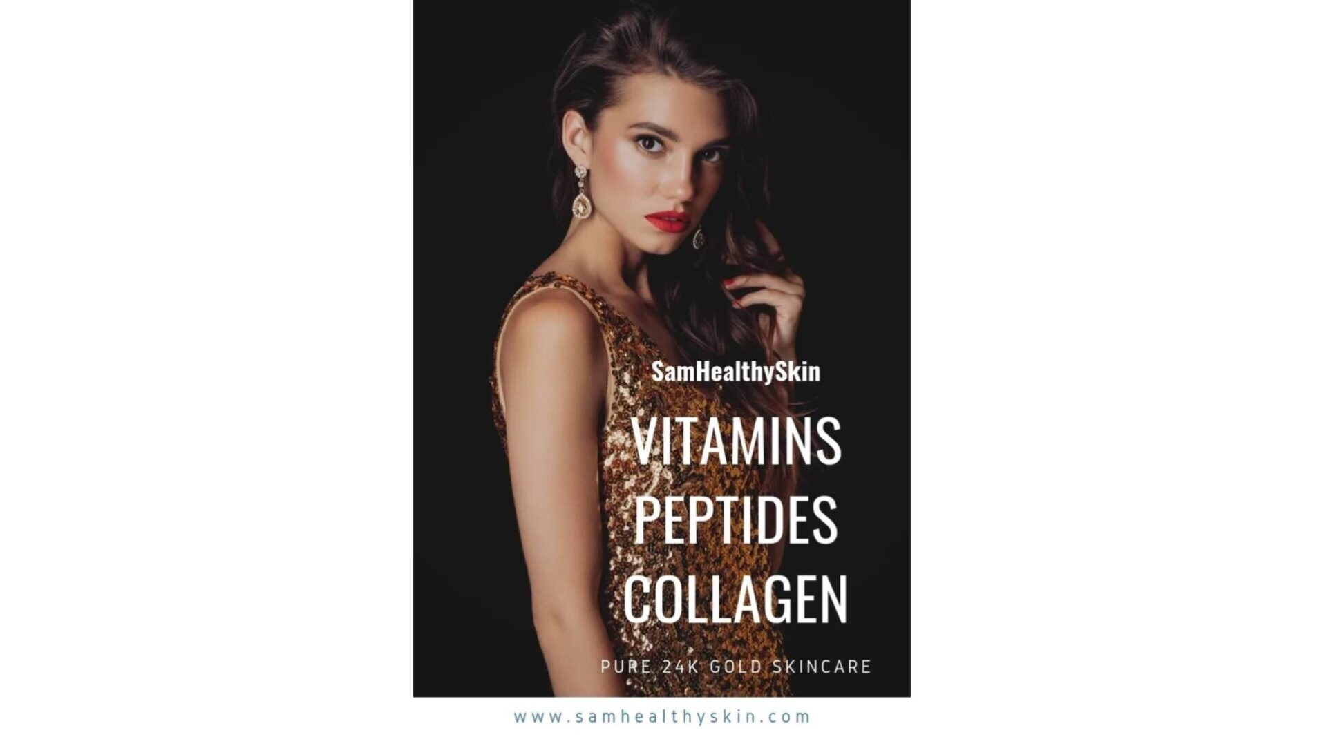 Model in gold dress promoting skincare