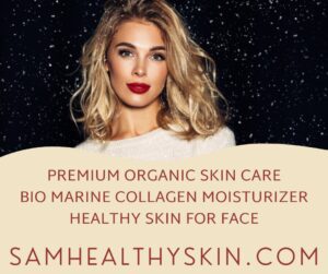 Woman with smooth-looking skin promoting SamHealthySkin Bio Marine Collagen Moisturizer