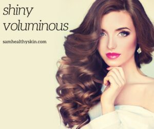 Woman with shiny, voluminous hair promoting SamHealthySkin Golden Pineapple Professional Conditioner