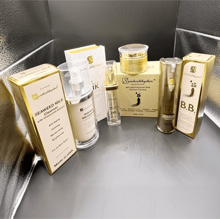 SamHealthySkin Luxury 24K Gold four-piece skincare set with Seaweed Milk Cleanser, facial serum, moisturizer and BB cream