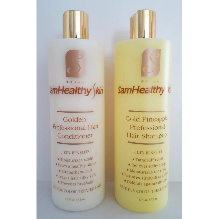 SamHealthySkin haircare collection with Gold Pineapple shampoo and Golden Professional conditioner