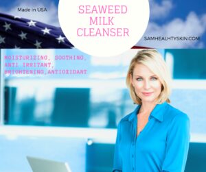 SamHealthySkin Seaweed Milk Cleanser promotional image featuring a woman, U.S. flag and moisturizing skincare message