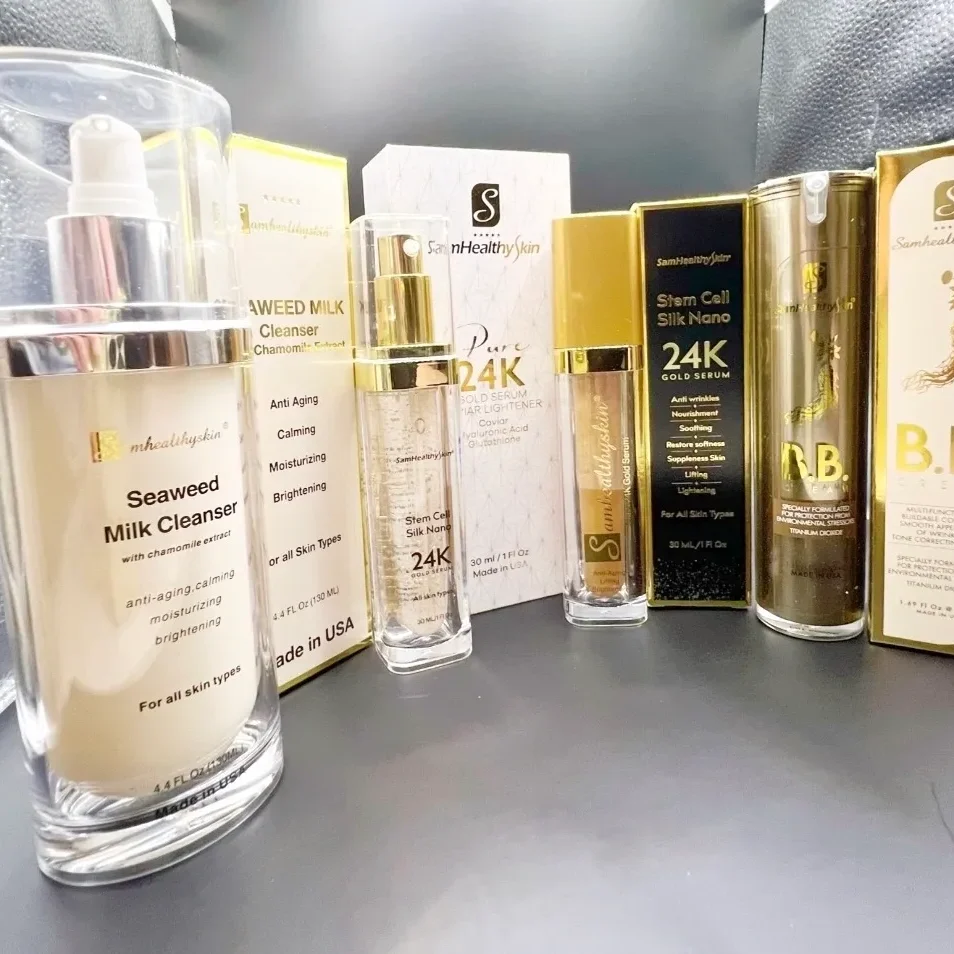 SamHealthySkin Platinum 24K Gold four-piece skincare set with Seaweed Milk Cleanser, two facial serums and BB cream